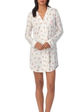 LAUREN Ralph Lauren Long-sleeve Notch Collar Nightshirt Ivory Floral M Medium